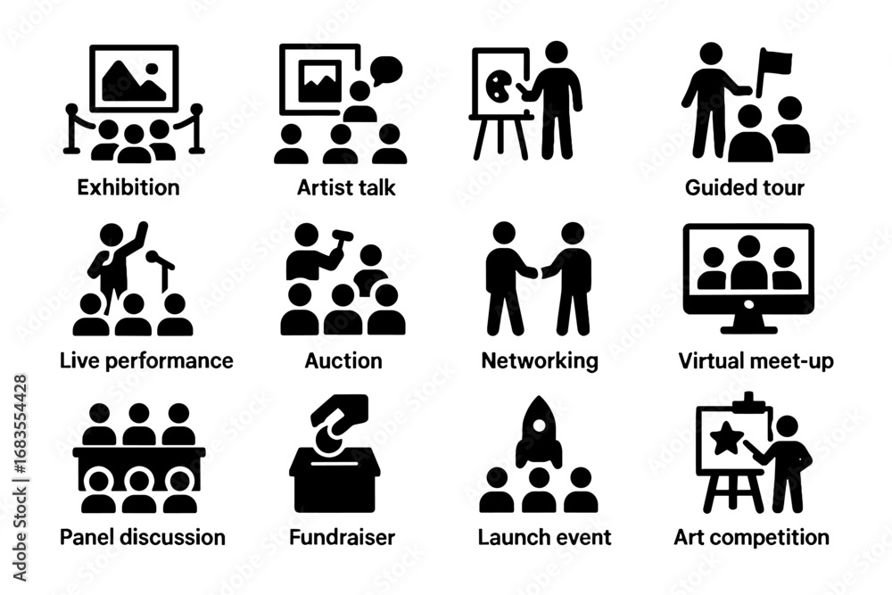 Poster icon event panel performance workshop artist virtual guided talk competition vector gallery