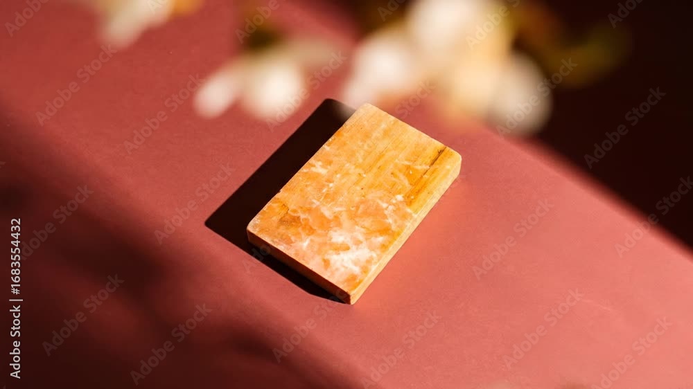 Poster abstract amber block casting shadows on a red brown surface with white flowers on a soft background 