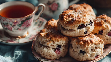Blueberry scones and a cup of tea on a table.