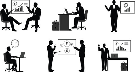 Business meeting silhouettes with charts, financial discussion, office teamwork, corporate presentation, laptop work, executive communication, business strategy, clock time management conceptv