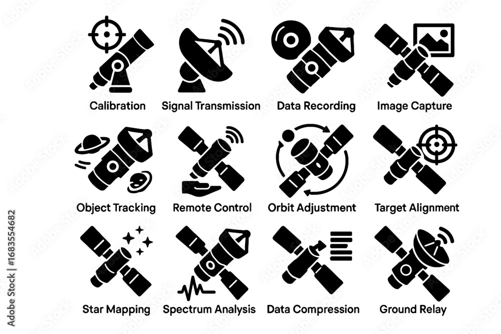 Poster target telescope calibration transmission ground star relay icon space tracking vector object
