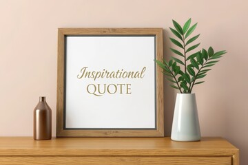 Framed inspirational quote on wooden shelf with green plant and brown vase
