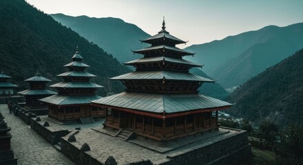 Obraz premium Ancient temples nestled in a valley, surrounded by misty mountains