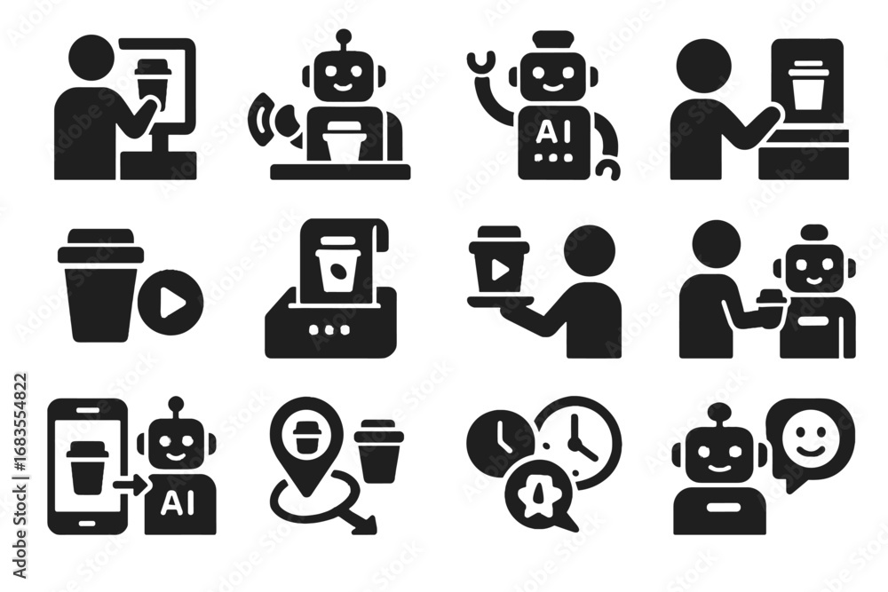 Aufkleber robot vector greeting icon name rating sync time automated ai estimated barista