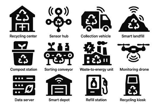 Compost depot sensor vehicle icon vector recycling hub refill kiosk icons collection