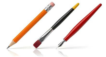 Fototapeta premium Pencil, paintbrush, and fountain pen for art, writing, and education on white background