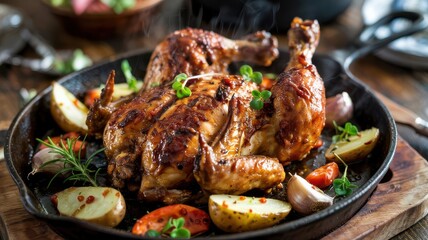 Fototapeta premium Barbecue chicken quarter with glazed skin sizzling in cast iron skillet with roasted vegetables and fresh herbs