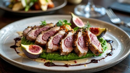 Grilled goose breast sliced and elegantly arranged on white ceramic plate showing perfect sear and pink interior, garnished with fresh figs and dark wine reduction sauce