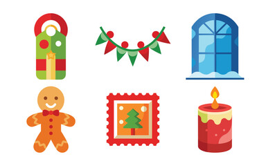 Vector art of collection of christmas icons including a lantern, bunting, window, gingerbread man, stamp, and candle
