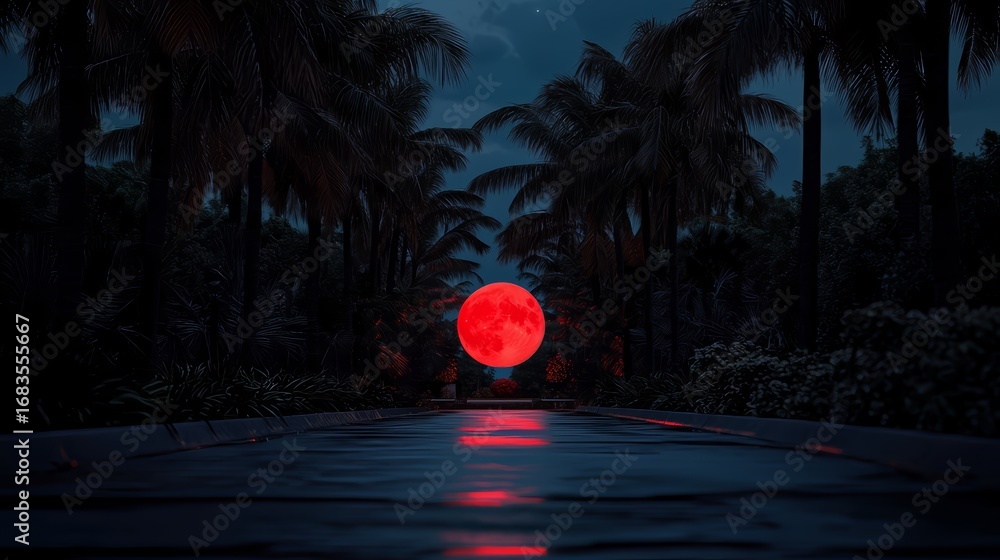 Aufkleber red moon is in the sky above a path with palm trees. the moon is large and bright, creating a sense 