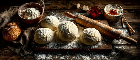 Dough balls, flour, rolling pin, and other baking ingredients on a wooden surface.