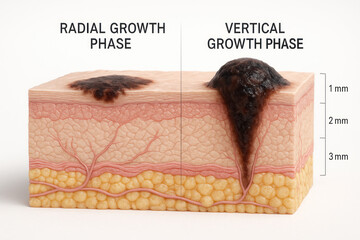Melanoma Growth Phases Illustration: Radial vs. Vertical, skin layers 3D visual ,medical diagram [Illustration]