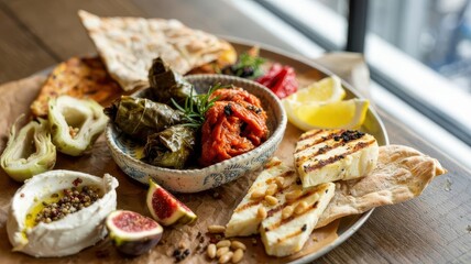 Mediterranean mezze platter with stuffed grape leaves, grilled halloumi cheese, fresh figs, artichoke hearts and flatbread on wooden board