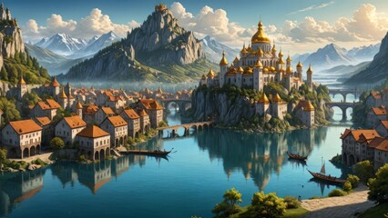 ciudad de fantasia con lago y monta&ntilde;a