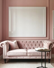 Luxurious Pink Velvet Chesterfield Sofa in an Elegant Living Room Interior with a Blank White Picture Frame on a Pink Wall