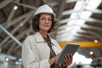 Confident female engineer in hard hat holding tablet in industrial setting
