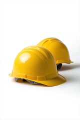 Two yellow construction helmets on white background