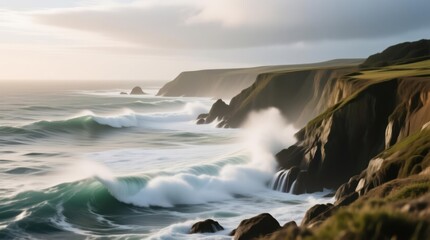 Dramatic coastal scene with crashing waves against rugged cliffs