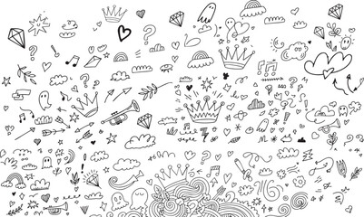Whimsical doodle collection with crowns, hearts, and music notes