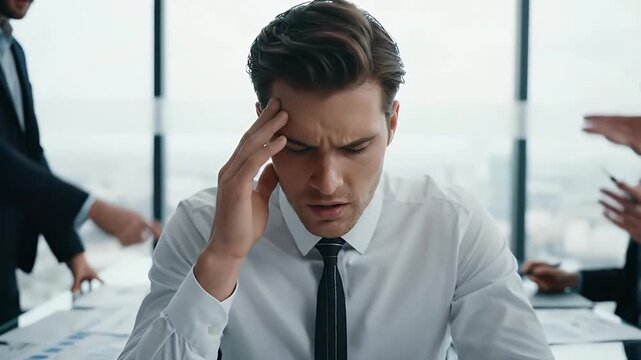 Stressed Businessman Feeling Pressure from Colleagues During a Tense Business Meeting