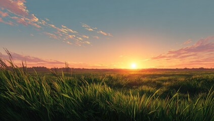 Lush field at sunset.  A vibrant golden sunset paints the sky above a field of tall, green grass.  Soft, wispy clouds add a touch of ethereal beauty.  The light bathes the landscape in warm hues