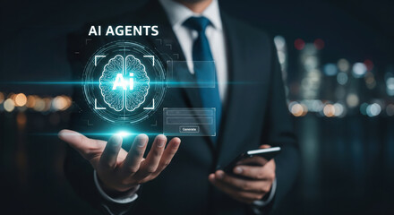An ai agent digital brain business professional futuristic city technology innovation artificial intelligence glowing hologram modern suit night urban background holding smartphone