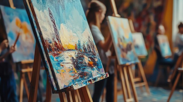 A vibrant art class scene showing students immersed in painting on easels, complete with brushes and colorful palettes.