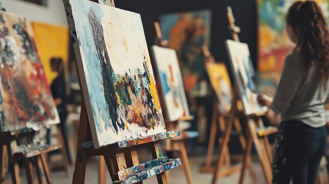 Students participate in an art class, creating masterpieces on easels with colorful palettes and brushes. Ultra HD detail captures creativity.