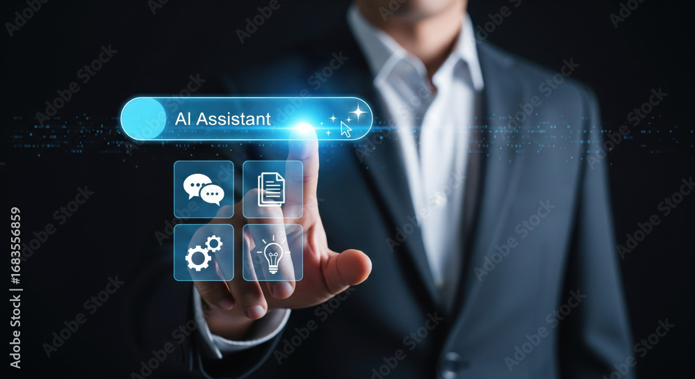 Poster an ai assistant technology business innovation digital interface virtual professional communication 