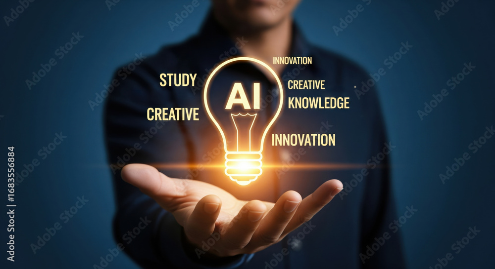 Poster an ai innovation creative study and knowledge are visualized as glowing words around light bulb abov