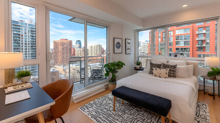 Modern bedroom with large windows overlooking a city skyline.