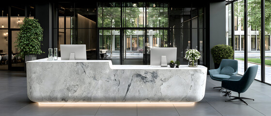 Modern marble reception desk in a building lobby with a teal chair and potted plant.
