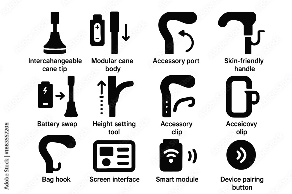 Aufkleber features vector icon modular port interface smart battery accessory setting cane pairing