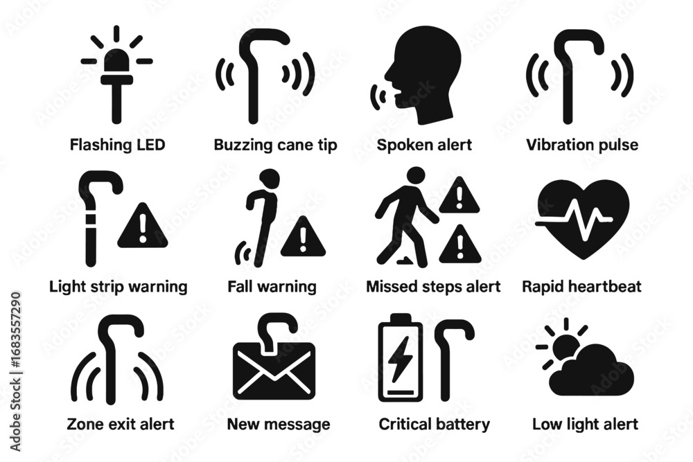 Poster vector flashing pulse smart spoken critical warning cane icon exit alert light