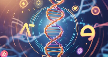 Initializing interface rotating DNA helix model revealing nucleotide pairs with pulsing data rings - Powered by Adobe