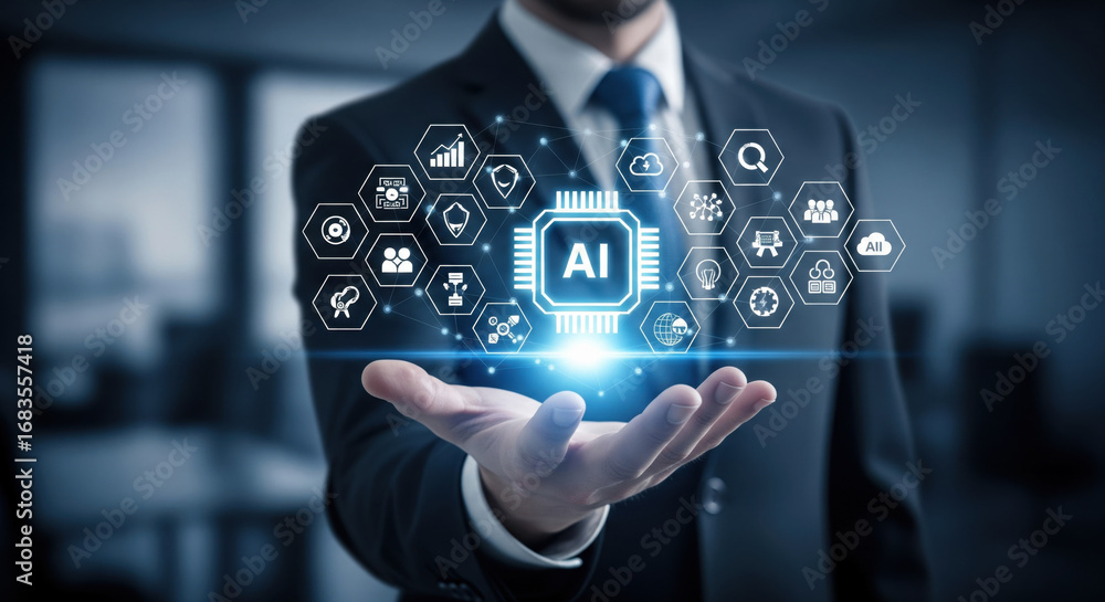 Aufkleber an artificial intelligence technology innovation digital business data futuristic network virtual co