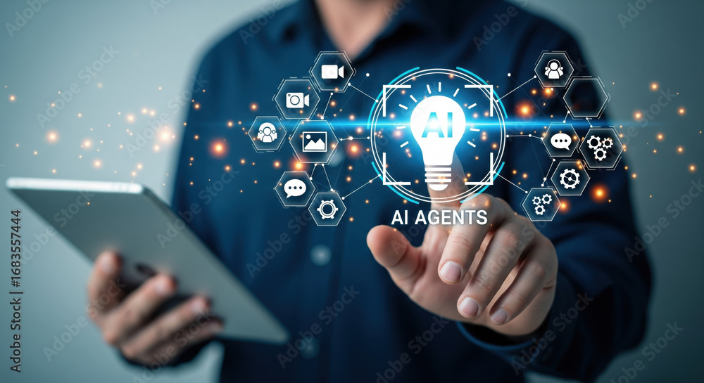 Poster an ai agent concept, digital transformation, innovation, and technology integration with futuristic 