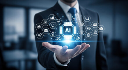 An artificial intelligence technology innovation digital business data futuristic network virtual concept glowing icons professional modern office connection progress development success smart