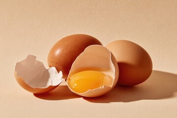 Three brown eggs, one cracked open, revealing yolk