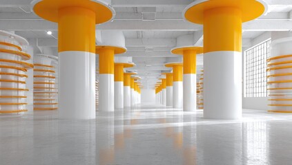 Bright, modern interior hallway.  White columns,  orange caps,  shelving.  Spacious and clean.  Large windows.  Empty space
