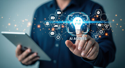 An ai agent concept, digital transformation, innovation, and technology integration with futuristic interface, business professional using tablet, glowing icons, and virtual network connection