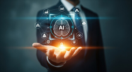 An artificial intelligence technology innovation digital business futuristic data network concept intelligence and progress are represented this of businessman holding glowing ai brain hologram