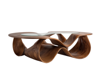 Modern coffee table with sculpted wood base.  Glass top.  Organic, flowing design