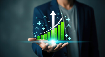 A business growth success finance chart graph arrow increase progress hand concept digital technology positive upward bar data analysis investment economy futuristic professional strategy
