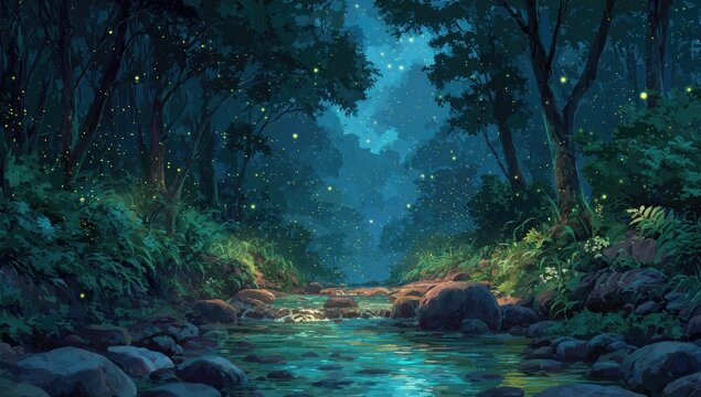 Night forest stream, fireflies. Lush, dark trees line a tranquil stream in a magical forest at night.  Fireflies light the scene.  Peaceful, calming