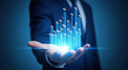 A businessman hand holding glowing bar graph with percentage symbols financial growth futuristic technology blue background success digital data progress innovation professional