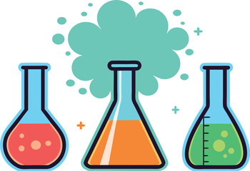 Three colorful laboratory flasks with bubbling liquids and a cloud of green gas symbolizing scientific experiments
