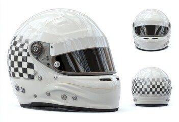 Three views of a white racing helmet with checkered flag design