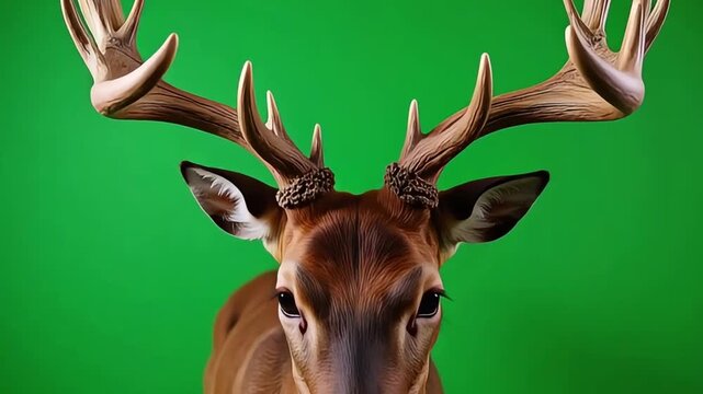 Majestic buck with impressive antlers stands against a vibrant green background, showcasing its powerful presence.