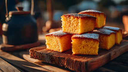 Stack of cornbread pieces on a wooden board.